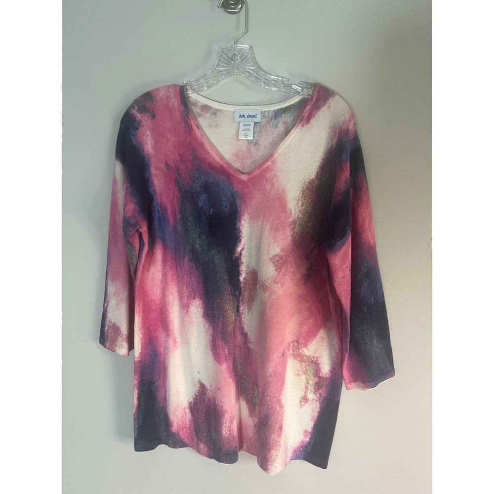 Vicki Wayne Womens Pink Purple Abstract Watercolor V-Neck 3/4‎ Sleeve Sweater M